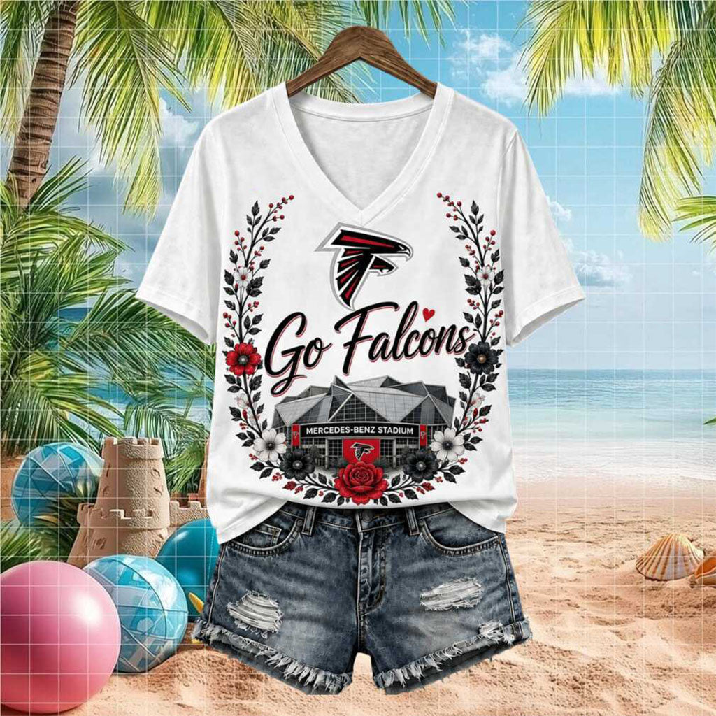 Atlanta Falcons Merc Benz Stadium Floral V-Neck Shirt Atlanta Falcons Merch Gifts For Fans - Merchluma