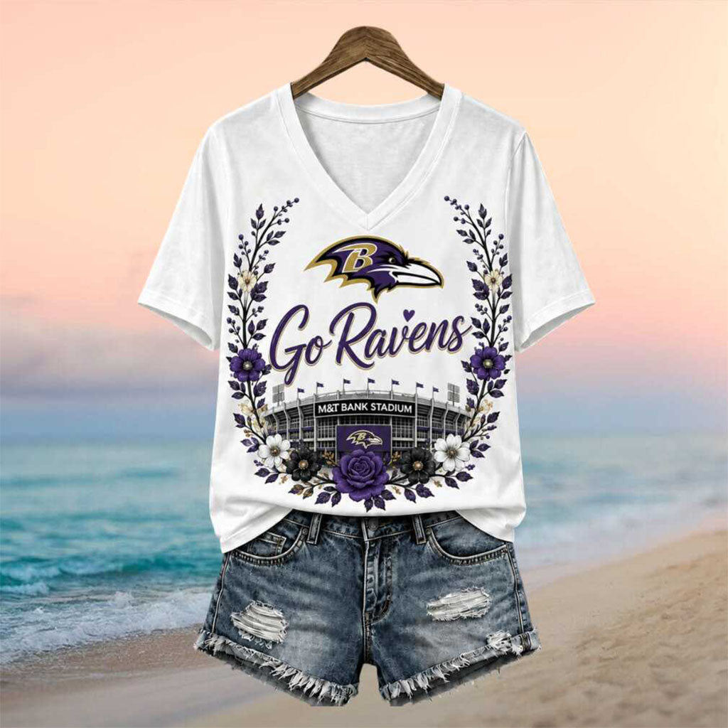 Baltimore Ravens Stadium Floral Wreath Go Ravens Football V-Neck Shirt Baltimore Football Merch - Merchluma