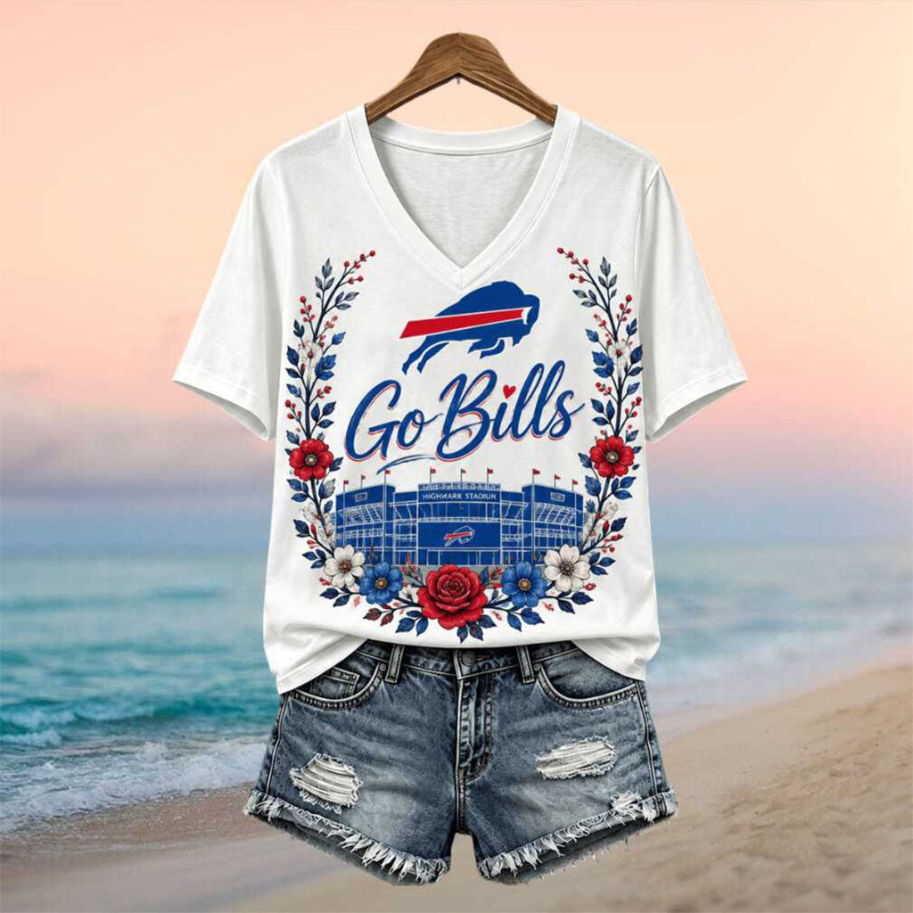 Buffalo Bills Highmark Stadium Floral Go Bills V-Neck Shirt Buffalo Football Merch Fan Gfts - Merchluma
