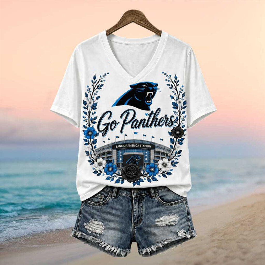 Carolina Panthers Bank Of America Stadium Floral V-Neck Shirt Carolina Panthers Merch Women - Merchluma