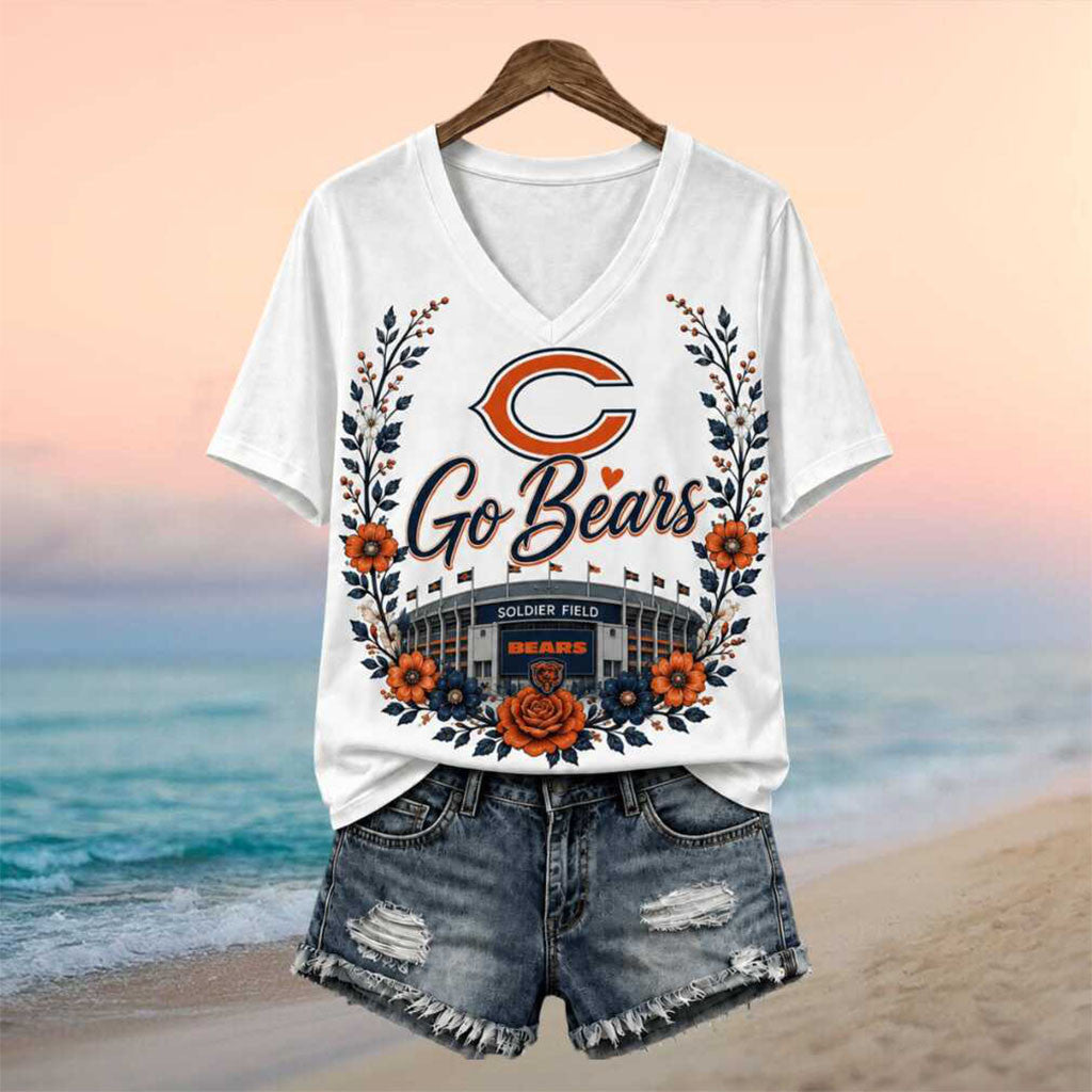 Chicago Bears Football Team Soldier Field Floral Wreath V-Neck Shirt Bears Merch Fan Gifts - Merchluma