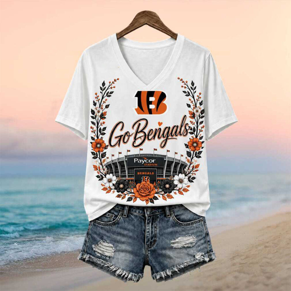 Cincinnati Bengals Floral Wreath Stadium Logo V-Neck Shirt Bengals Merch Football Fan Gear - Merchluma