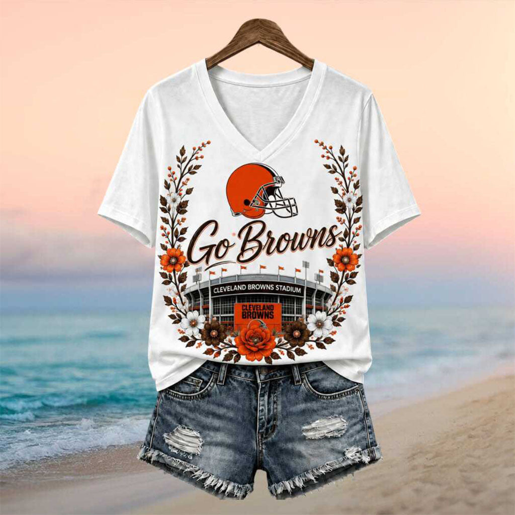 Cleveland Browns Stadium Floral Wreath Go Browns Football V-Neck Shirt Cleveland Football Merch - Merchluma