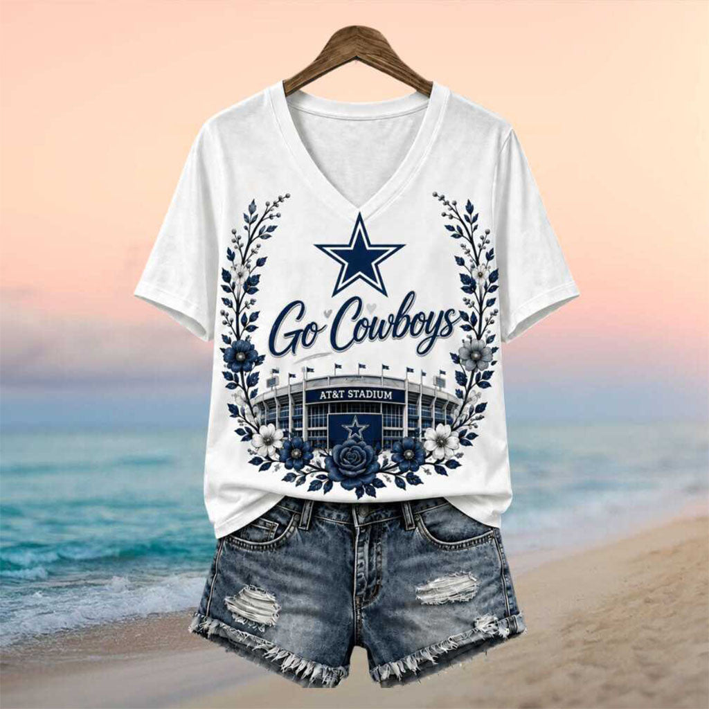 Dallas Cowboys AT&T Stadium Floral V-Neck Shirt Dallas Cowboys Merch Gifts For Football Fan - Merchluma