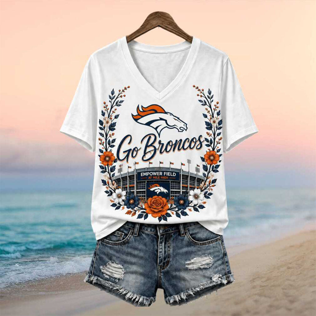 Denver Broncos Stadium Floral Wreath Go Broncos Football V-Neck Shirt Denver Football Merch - Merchluma