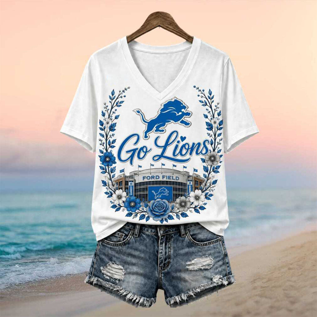 Detroit Lions Stadium Floral Wreath Go Lions Football V-Neck Shirt Detroit Football Merchv - Merchluma