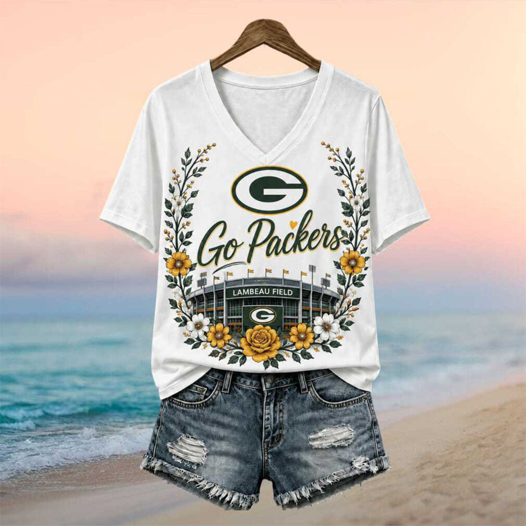 Green Bay Packers Lambeau Field Floral Wreath V-Neck Shirt Packers Merch Gifts For Fans - Merchluma