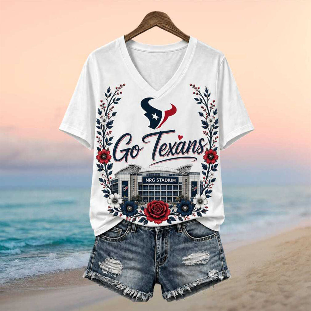 Houston Texans NRG Stadium Floral Wreath V-Neck Shirt Texans Merch Gifts For Fans - Merchluma