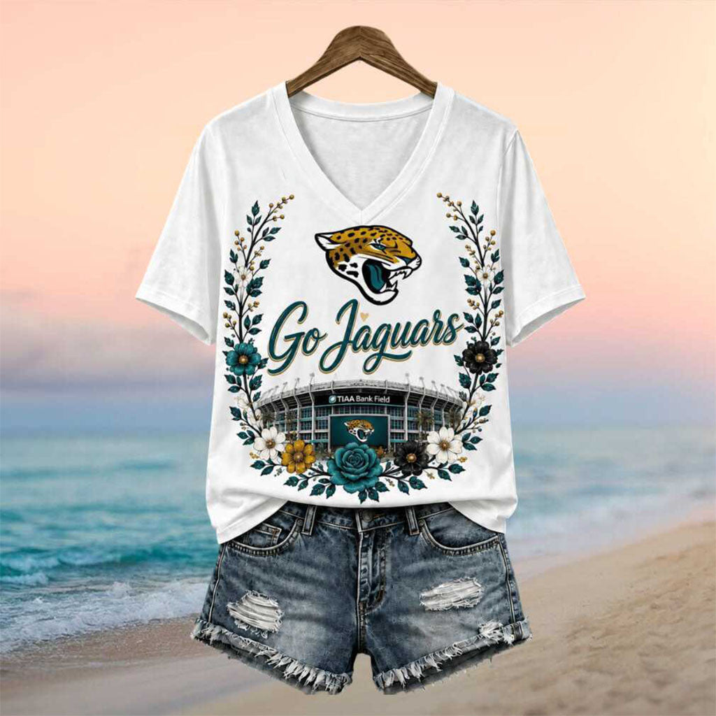 Jacksonville Jaguars TIAA Bank Field Floral V-Neck Shirt Jaguars Merch Gifts For Football Fans - Merchluma