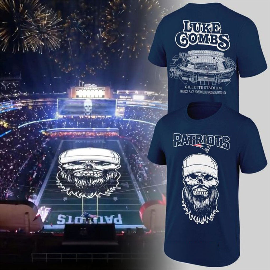 New England Patriots X Luke Combs Skull-Beard Navy T-Shirt NE Patriots Merch Present For Fans - Merchluma