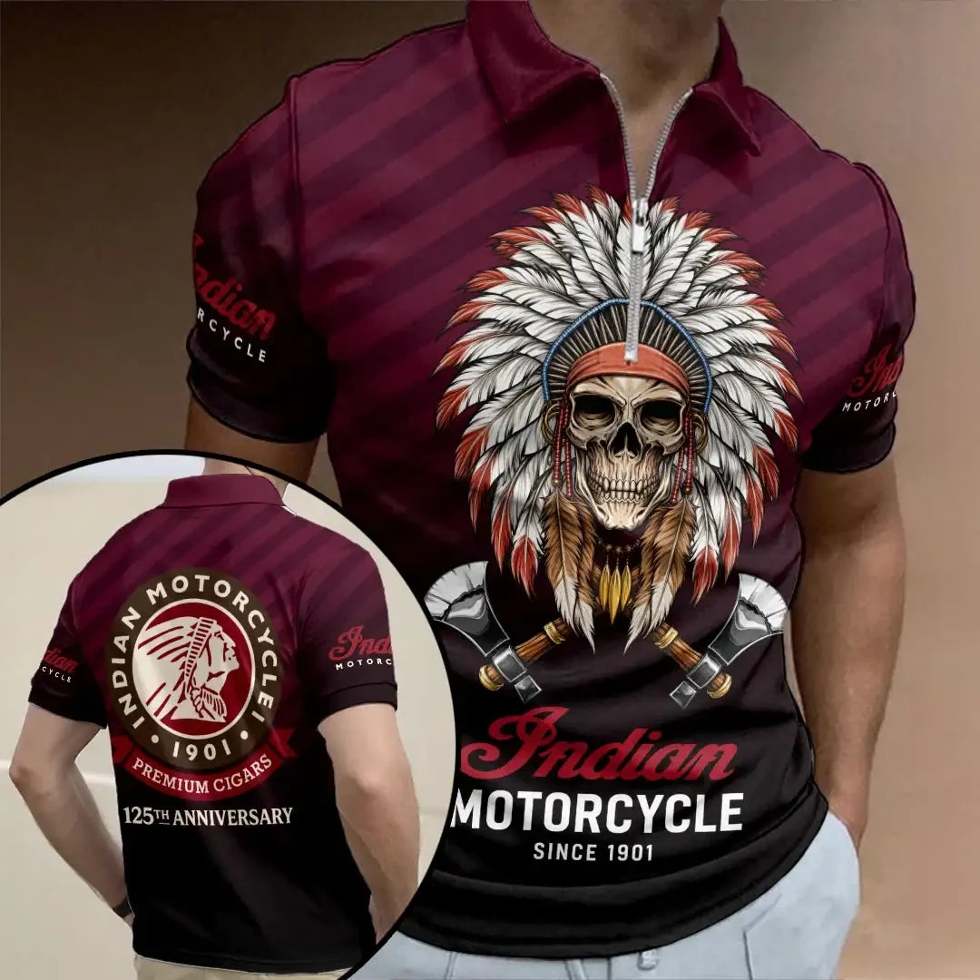 Indian Motorcycle Merch 125th Anniversary America's First Motorcycle Company Zip Polo Shirt - Merchluma