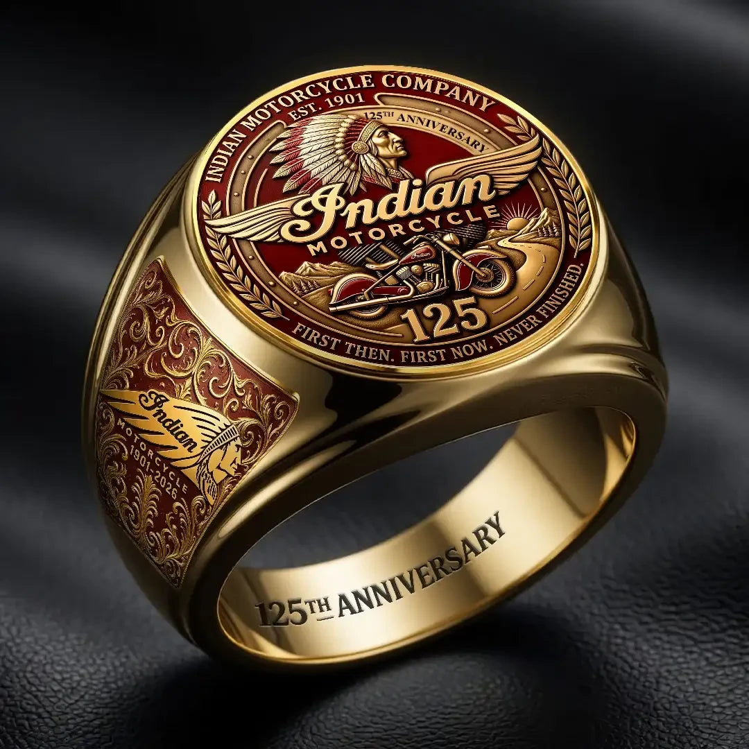 Indian Motorcycle 125th Anniversary Ring Indian Motorcycle Merch First Then First Now Never Finished - Merchluma