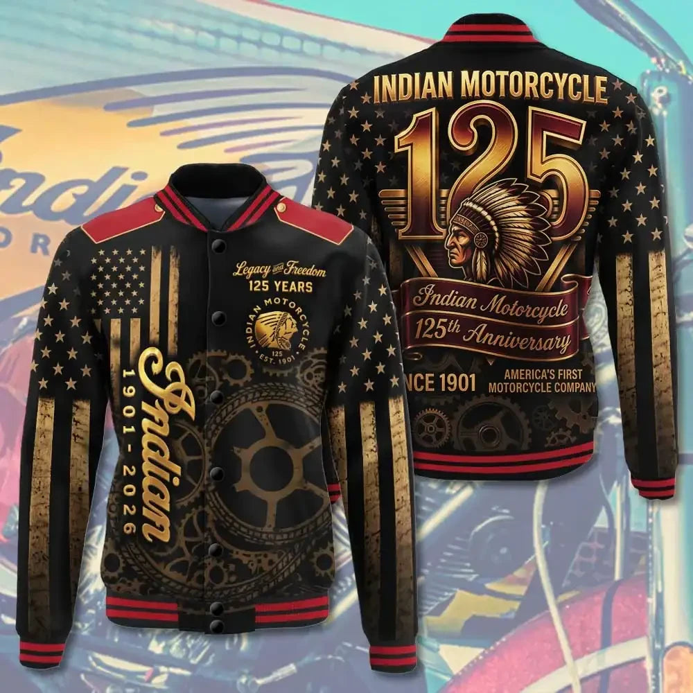 Indian Motorcycle Merch 125th Anniversary America's First Motorcycle Company Varsity Jacket - Merchluma