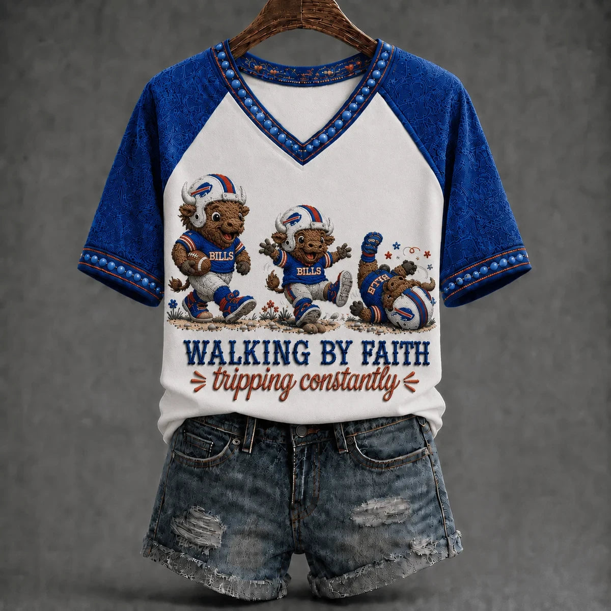 Buffalo Bills Walking By Faith Tripping Constantly V-Neck T-Shirt Bills Merch Fans Gifts - Merchluma