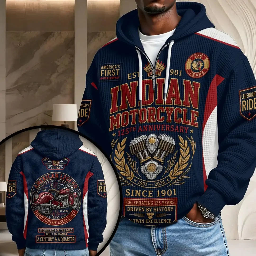 Indian Motorcycle 125th Anniversary Driven By History Half Zip Hoodie Indian Motorcycle Merch - Merchluma