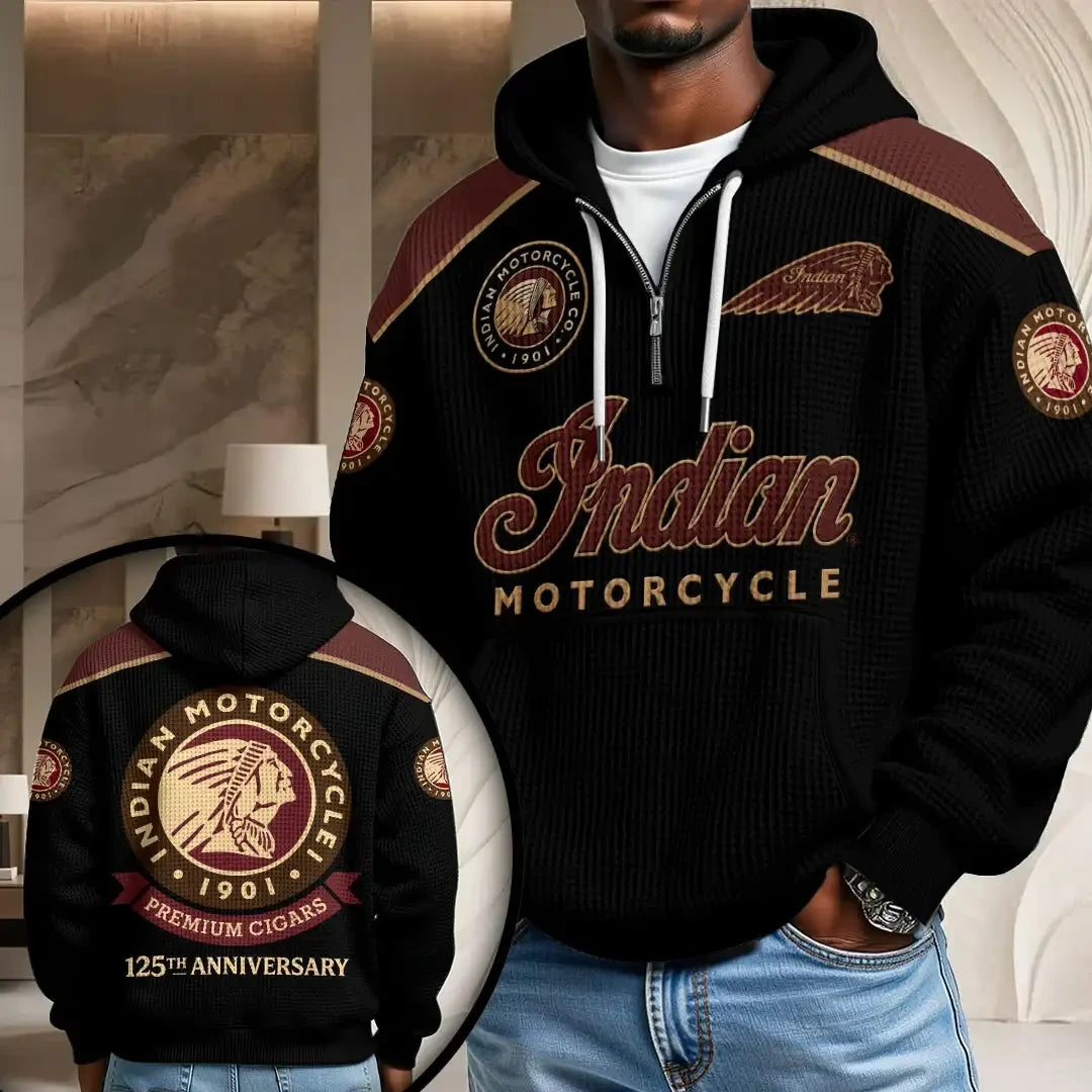 Indian Motorcycle 125th Anniversary Half Zip Waffle Hoodie Indian Motorcycle Merch Him Gifts - Merchluma