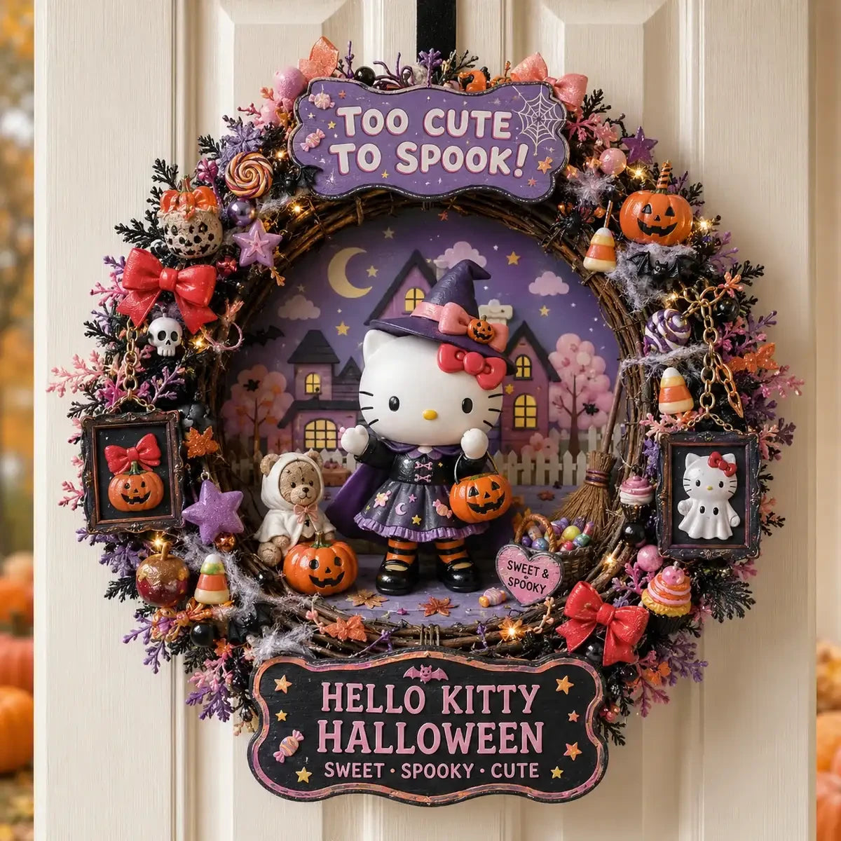 Hello Kitty Halloween Witch Wreath Hello Kitty Merch Cute Halloween Decorations - Merchluma