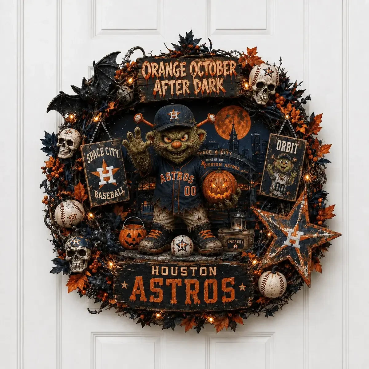Houston Astros Orange October After Dark Halloween Wreath Astros Merch Gifts For Baseball Fans - Merchluma