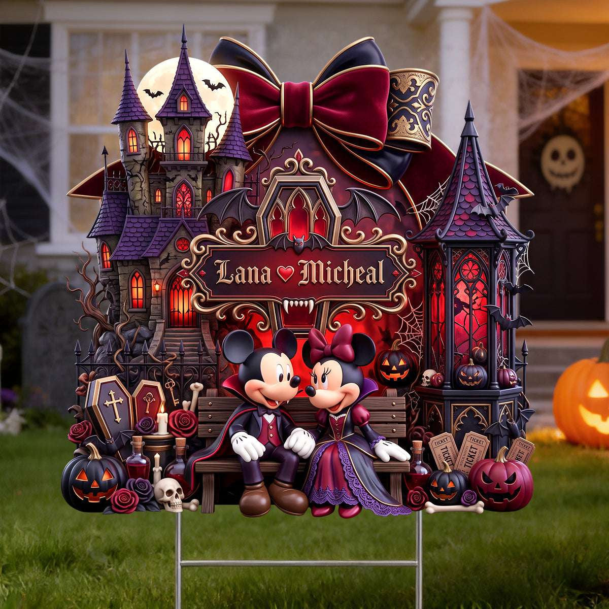 Personalized Mickey Couple Midnight Romance A Love Tale Yard Sign Halloween Lawn Decor - Merchluma
