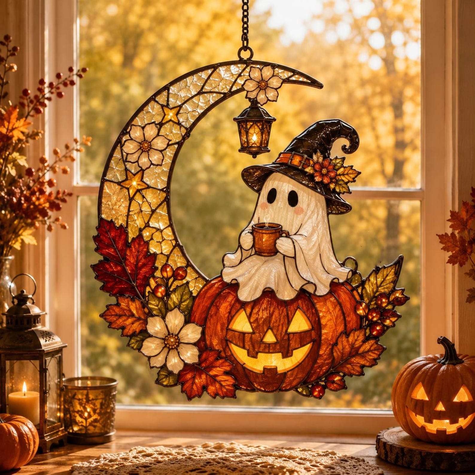 Ghost Pumpkin Moon Suncatcher Autumn Window Hanging Decor Halloween Gifts Ideas - Merchluma