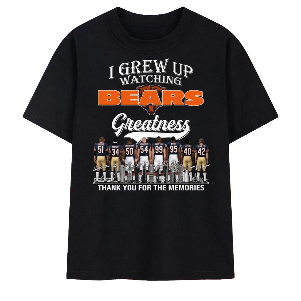 Chicago Football Merch I Grew Up Watching Bears Greatness Signatures T-Shirt Present For Fans - Merchluma