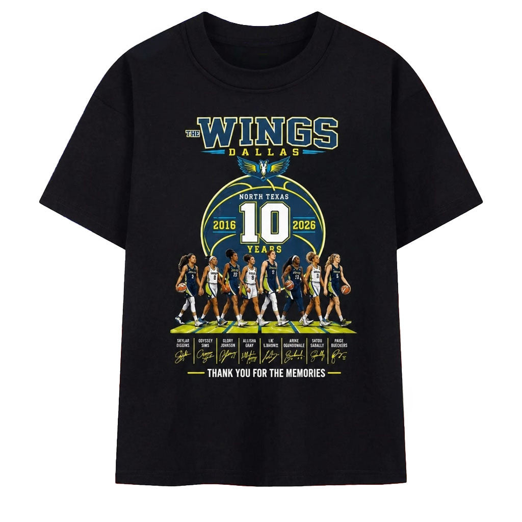 Dallas Wings 10th Anniversary 2016 2026 Signatures WNBA T-Shirt Dallas Wings Merch Fan Gifts - Merchluma