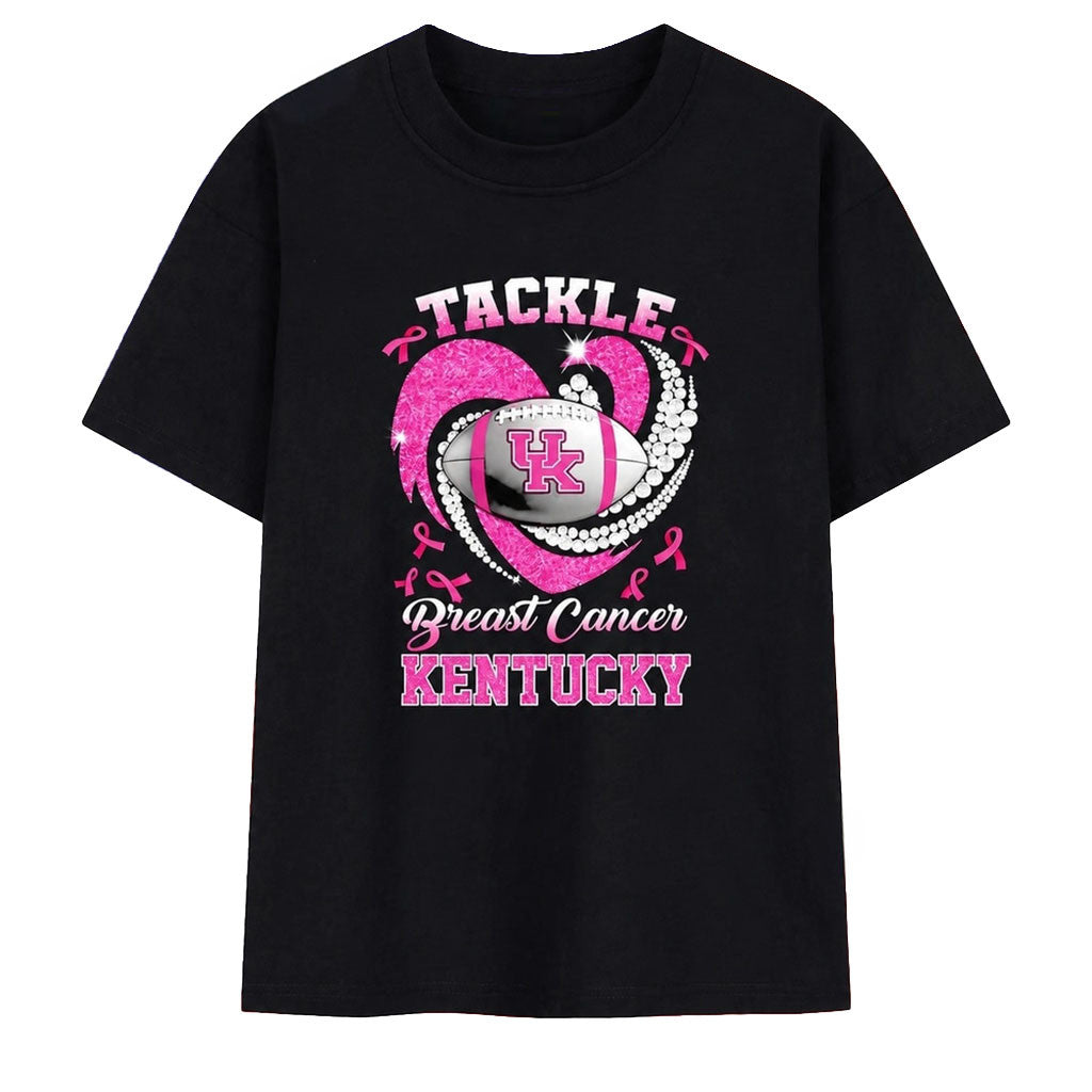 Kentucky Wildcats UK Tackle Breast Cancer Football T-Shirt Wildcats Merch Cancer Warrior Gifts - Merchluma