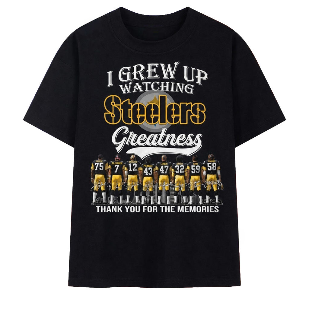 Pittsburgh Football Merch I Grew Up Watching Steelers Greatness Signatures T-Shirt Fan Apparel - Merchluma