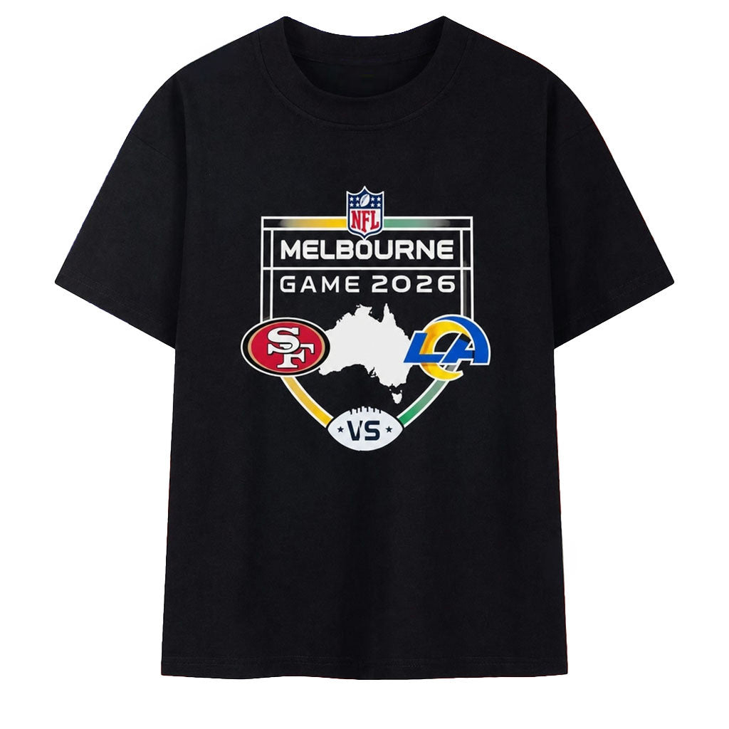 SF 49ers Vs LA Rams 26 Melbourne Game Shield Matchup T-Shirt Present For Football Fan - Merchluma