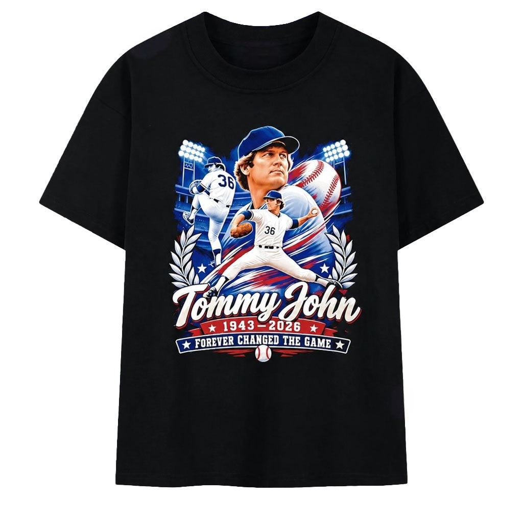 Tommy John 1943 2026 Forever Changed the Game Baseball T-Shirt Tommy John Merch Memorial Gifts - Merchluma