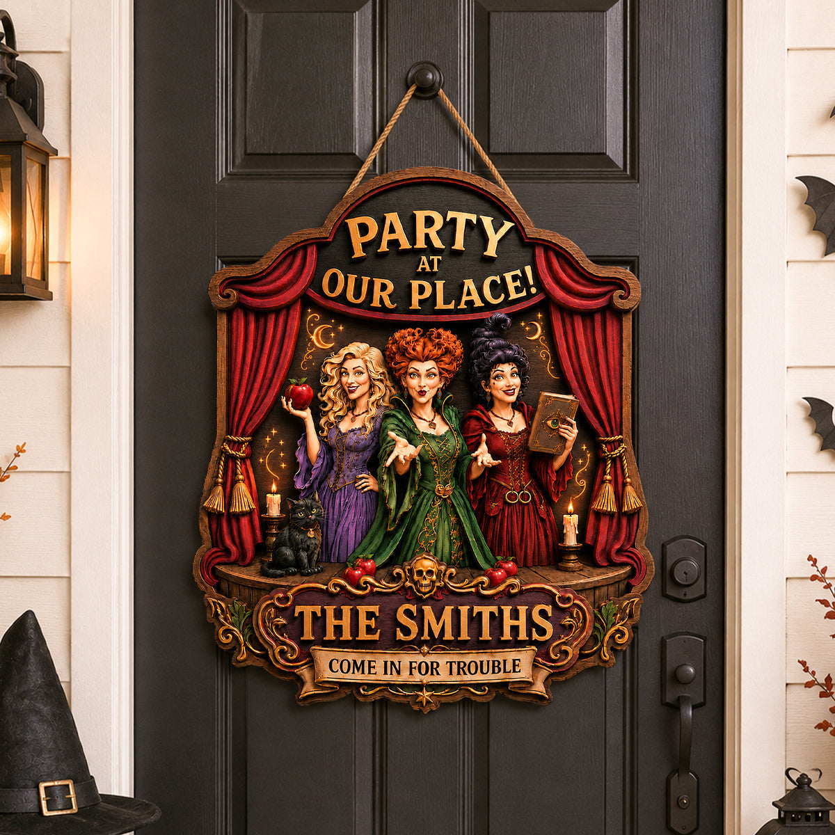 Personalized Party At Our Place Come In For Trouble Wood Sign Halloween Gifts For Family - Merchluma