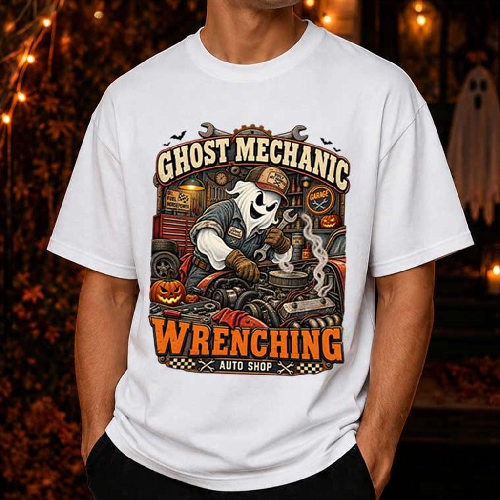 Ghost Mechanic Wrenching T-Shirt Halloween Apparel Present For Fathers - Merchluma