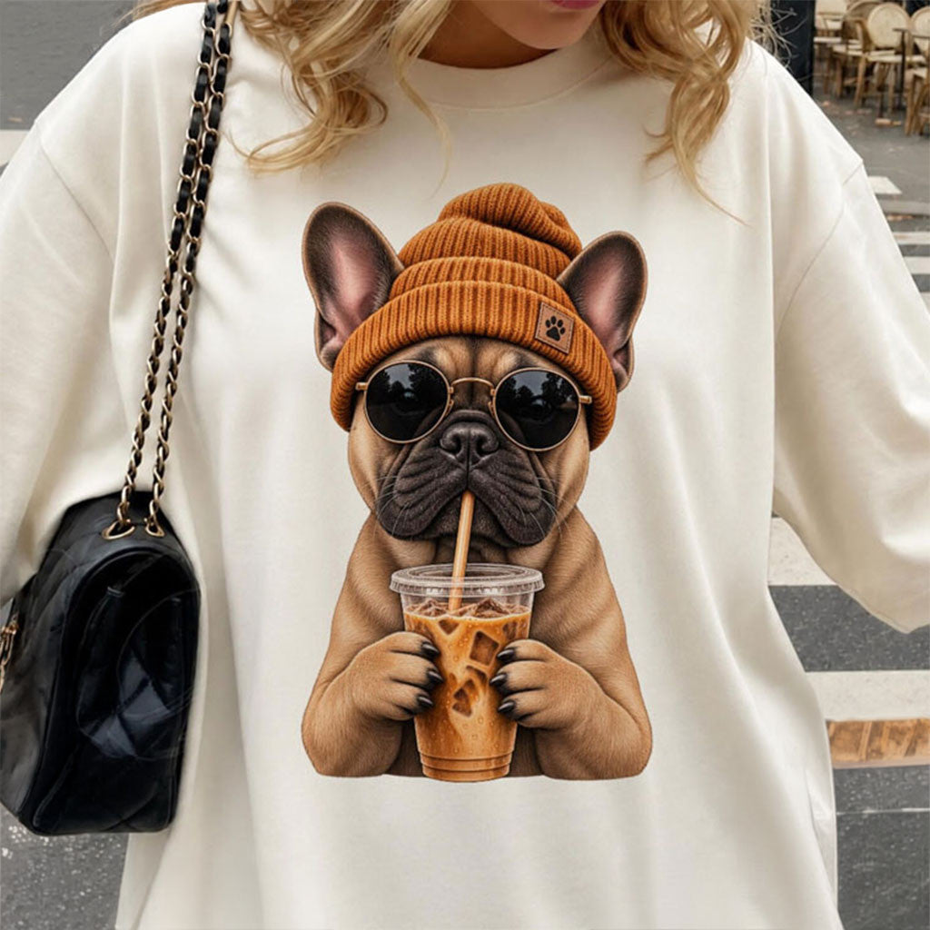 Cool French Bulldog Wearing Beanie Drinking Iced Coffee T-Shirt Cute Anime Shirt Gift For Her - Merchluma