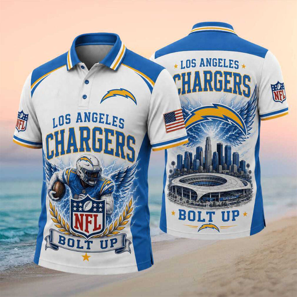 Los Angeles Chargers Bolt Up Stadium Skyline Wings Polo Shirt LA Chargers Merch Fan Present - Merchluma