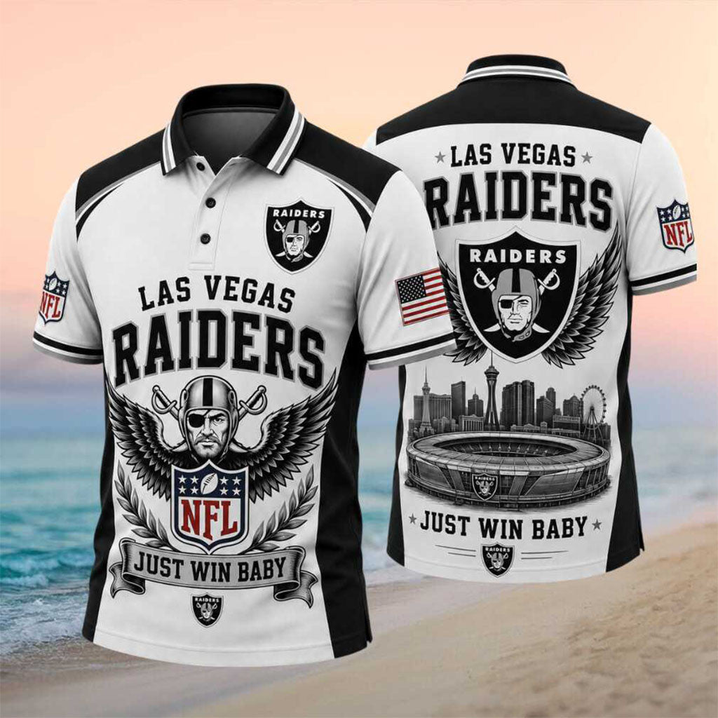 LV Raiders Just Win Baby Stadium Skyline Wings Polo Shirt Raiders Merch Gift For Football Fans - Merchluma