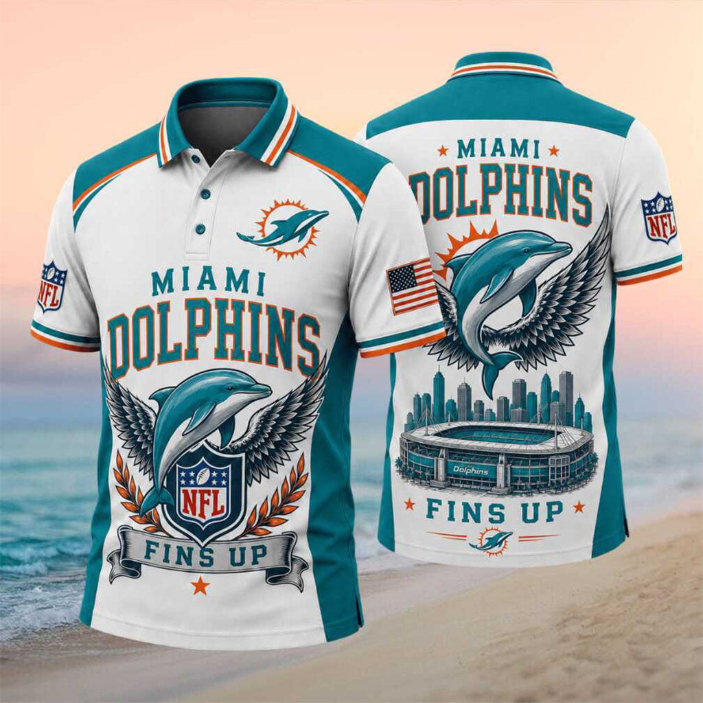 Miami Dolphins Fins Up Fighter Dolphin Skyline Polo Shirt Miami Dolphins Merch Game Day Gifts - Merchluma