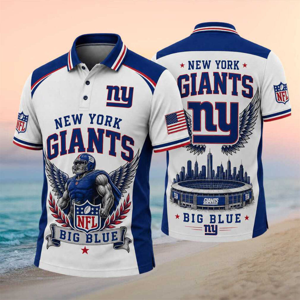 New York Giants Big Blue Stadium Skyline Wings Polo Shirt NY Giants Merch Football Themed Gifts - Merchluma