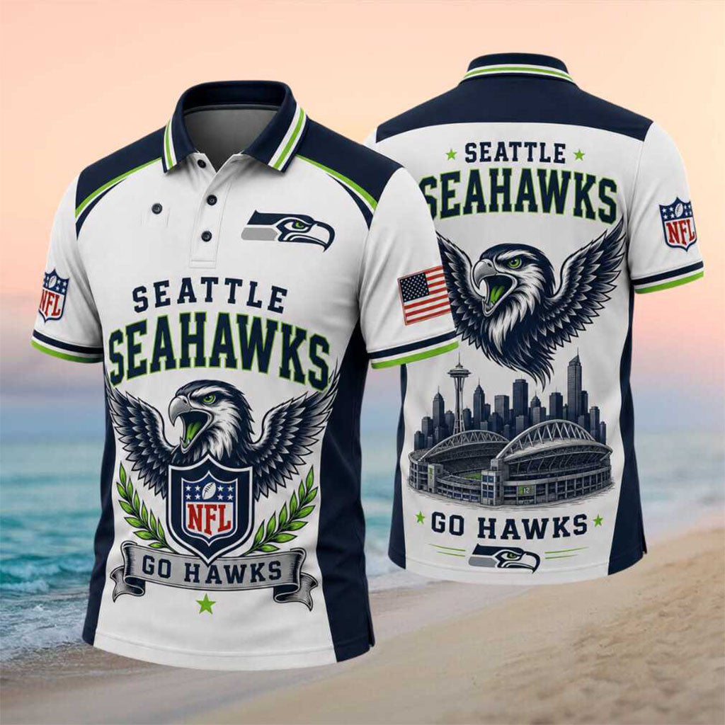 Seattle Seahawks Go Hawks Stadium Skyline Polo Shirt Seattle Seahawks Merch Gift For Fans - Merchluma
