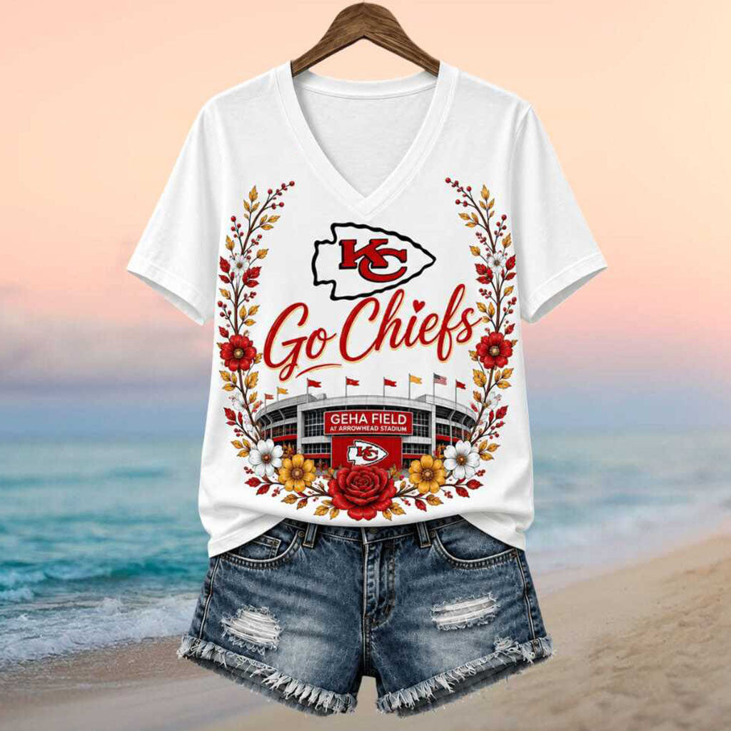 Kansas City Chiefs Stadium Floral Wreath Go Chiefs Football V-Neck Shirt KC Chiefs Merch - Merchluma