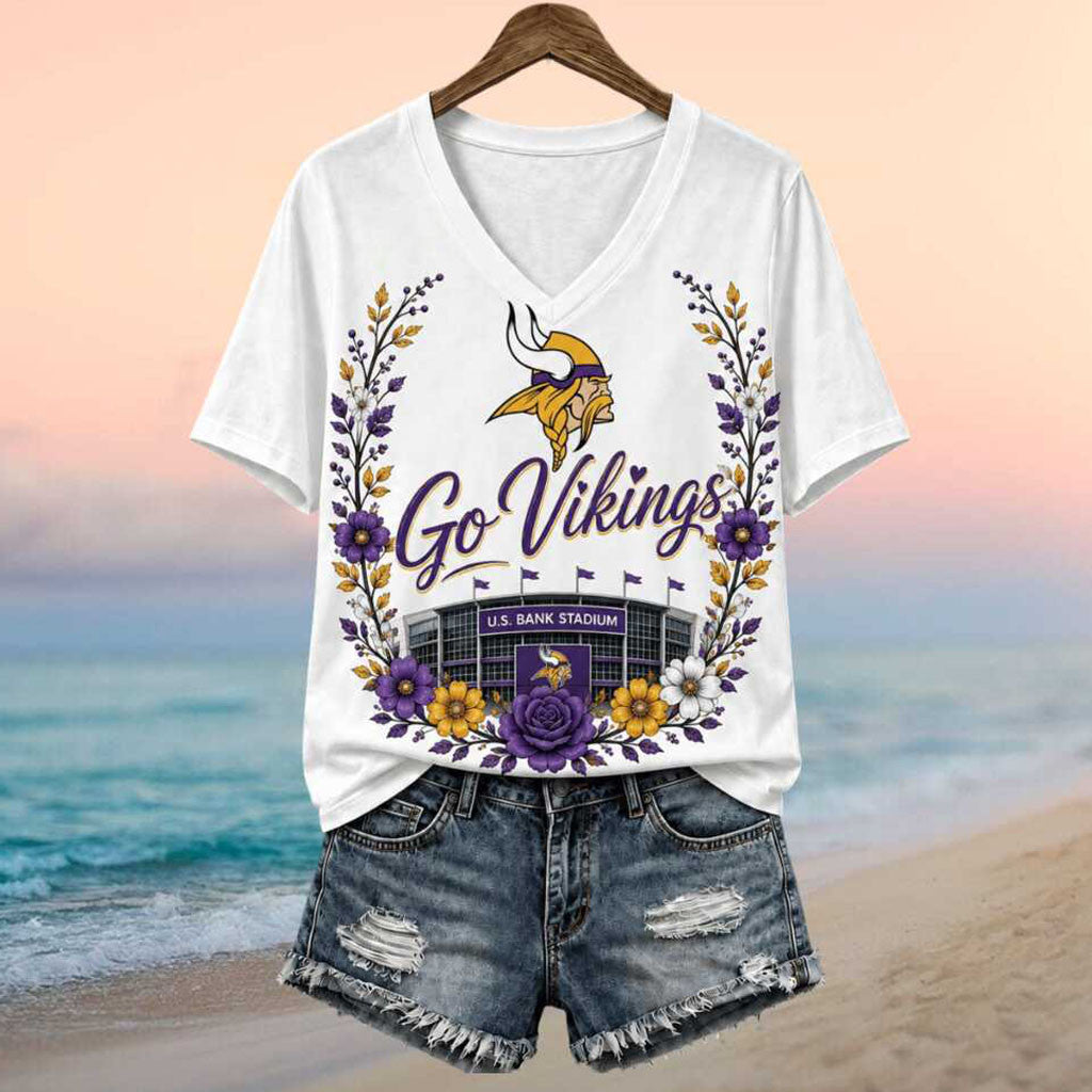 Minnesota Vikings Merch Stadium Floral Wreath Go Vikings Football V-Neck Shirt Game Day Apparel - Merchluma
