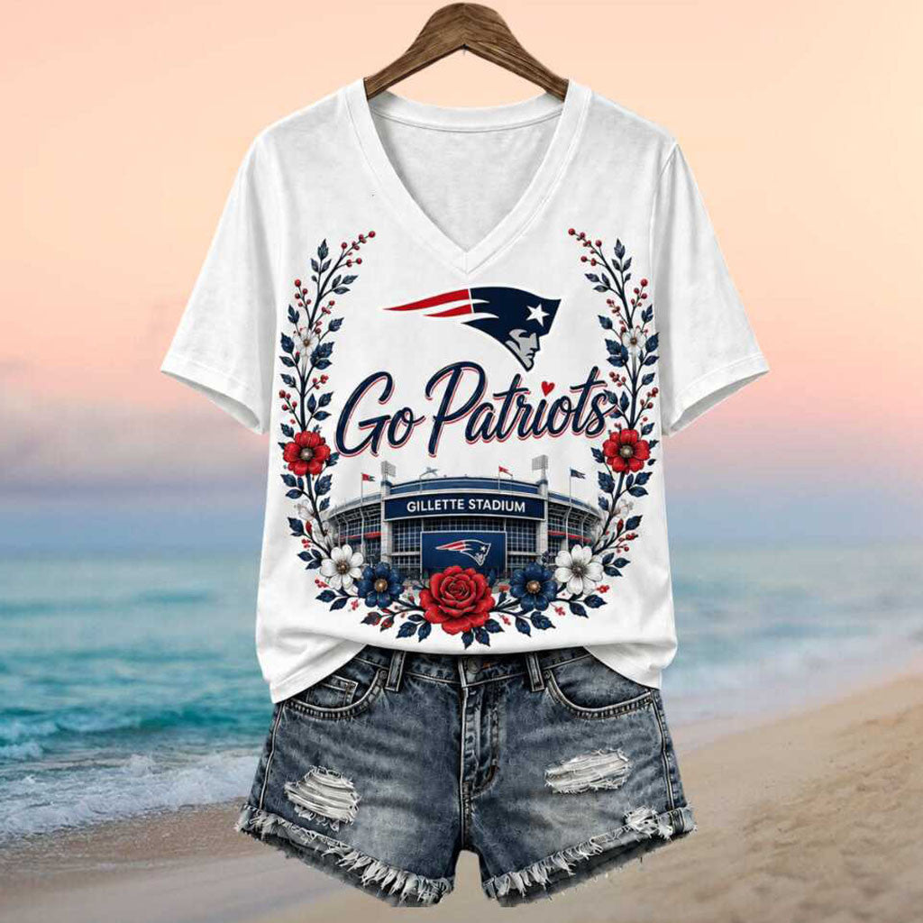 New England Patriots Football Team Gillette Stadium Floral Wreath V-Neck Shirt Patriots Merch - Merchluma