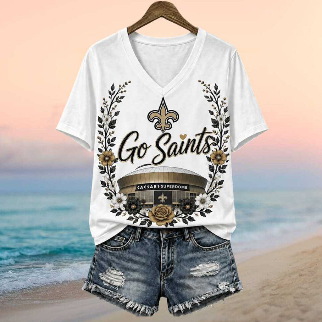 New Orleans Saints Football Team Caesars Superdome Floral Wreath V-Neck Shirt NO Saints Merch - Merchluma