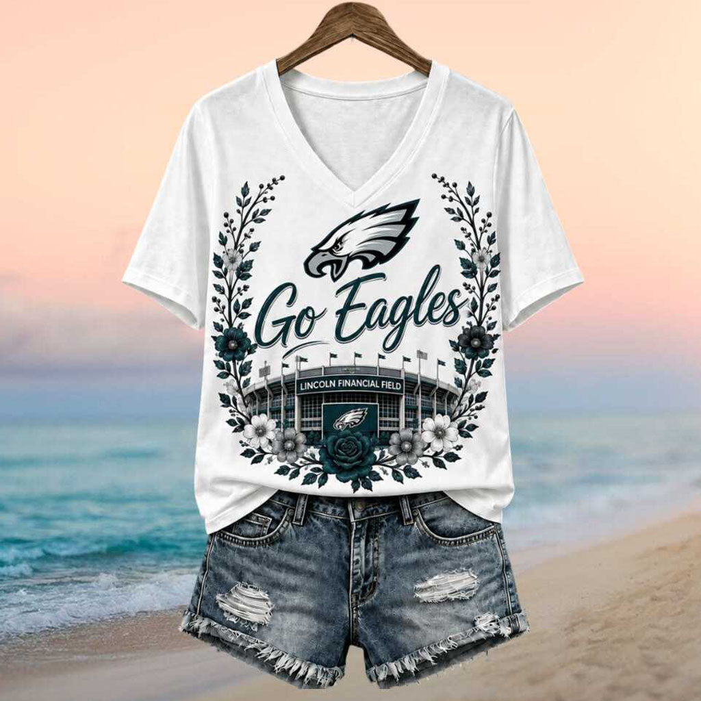 Philadelphia Eagles Lincoln Financial Field Floral V-Neck Shirt Eagles Merch Gift For Fans - Merchluma