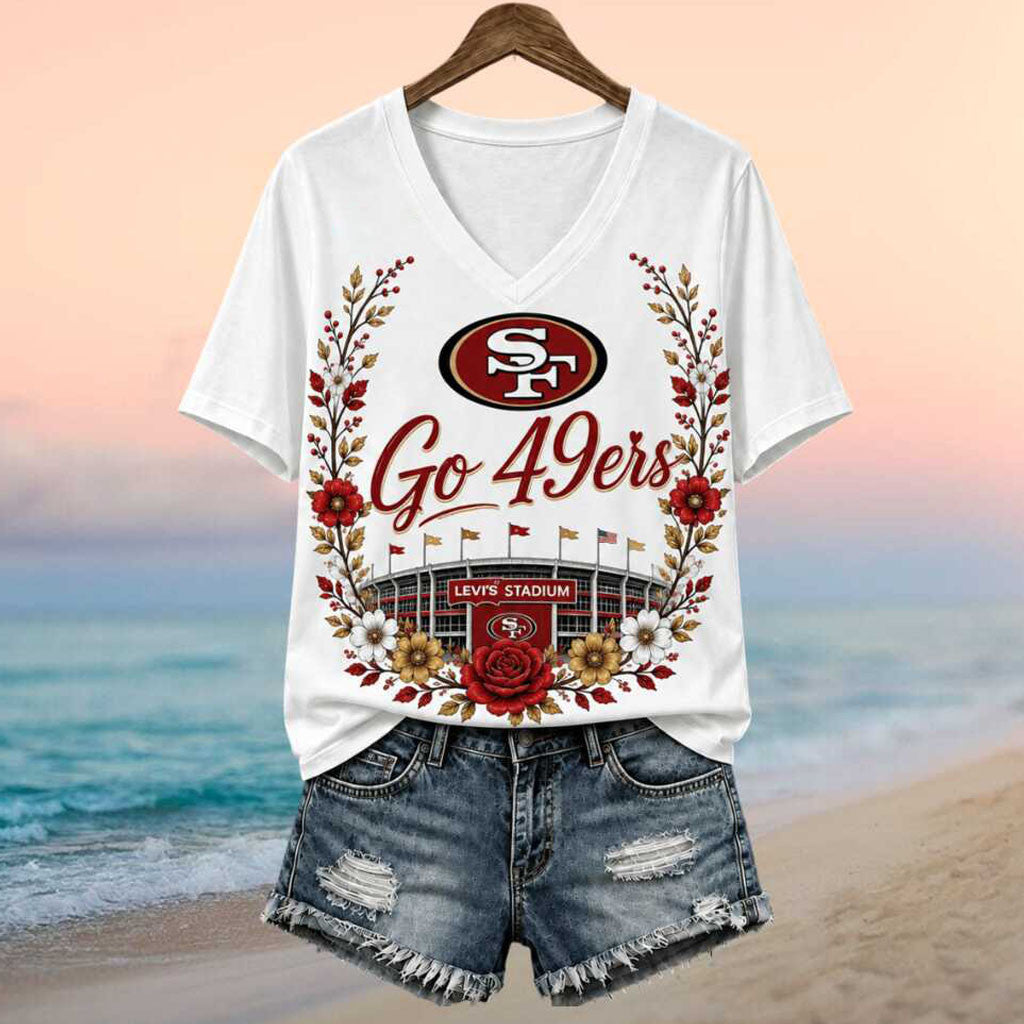 San Francisco 49ers Football Stadium Floral Wreath V-Neck Shirt SF 49ers Merch Game Day Gifts - Merchluma