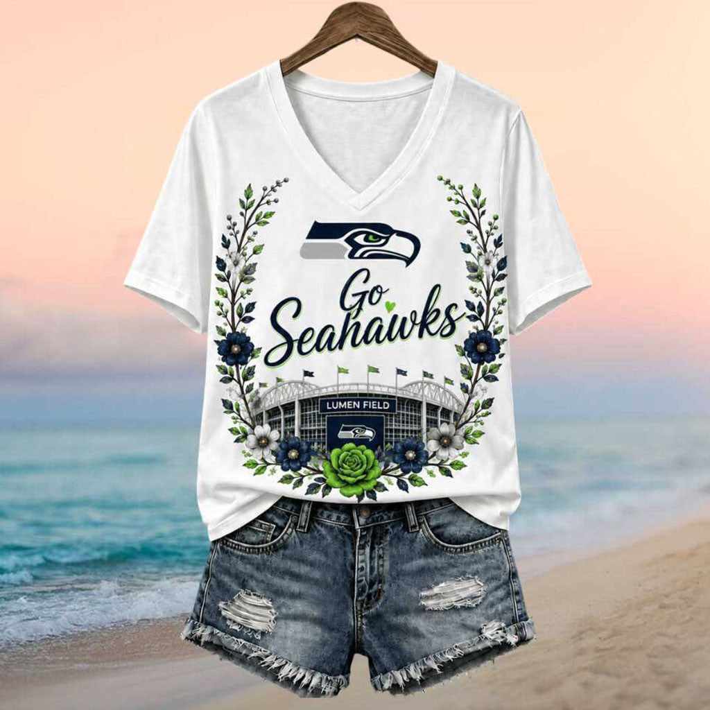 Seattle Seahawks Merch Stadium Floral Wreath Go Seahawks Football V-Neck Shirt Gift For Fans - Merchluma