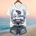 Tennessee Titans Fire Logo Nissan Stadium Floral V-Neck Shirt Titans Merch Gift For Game Day - Merchluma