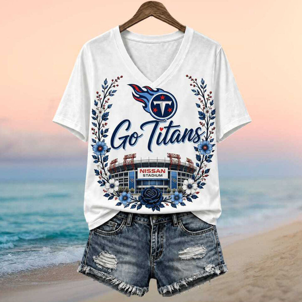 Tennessee Titans Fire Logo Nissan Stadium Floral V-Neck Shirt Titans Merch Gift For Game Day - Merchluma