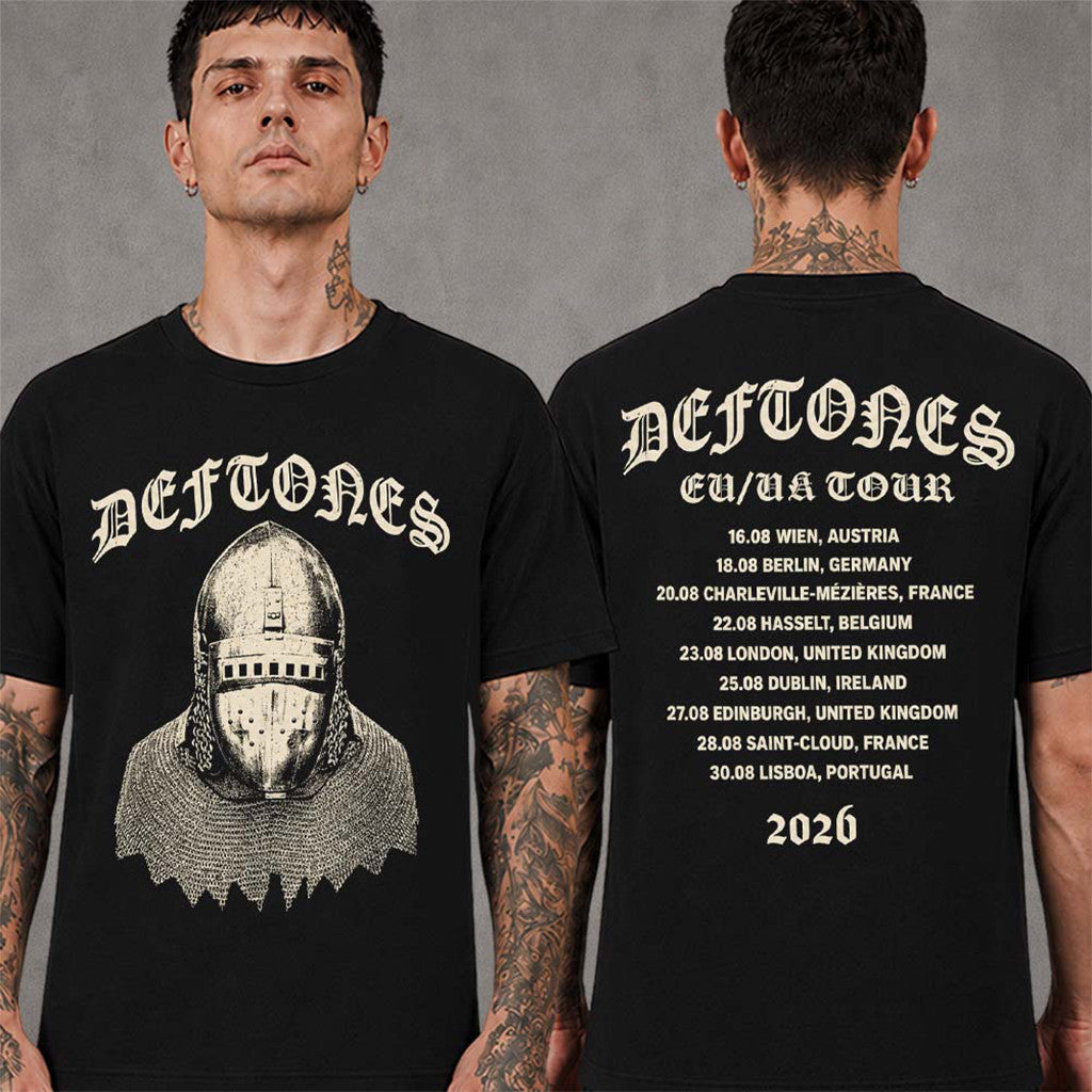 Deftones Summer 2026 Tour EU And UK Medieval Bascinet Helmet T-Shirt Deftones Merch - Merchluma