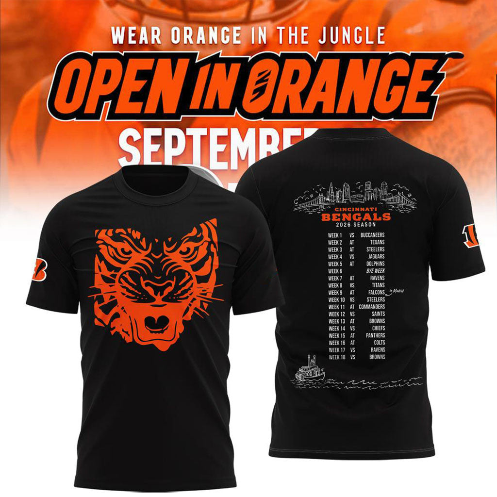 Cincinnati Bengals Merch Open In Orange 2026 Schedule T-Shirt Black Football Fan Apparel - Merchluma