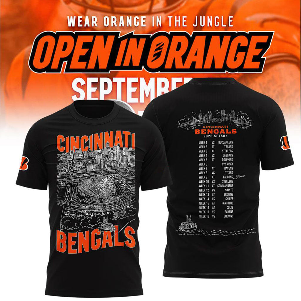 Cincinnati Bengals Merch Open In Orange 2026 Schedule T-Shirt Football Gifts For Men - Merchluma